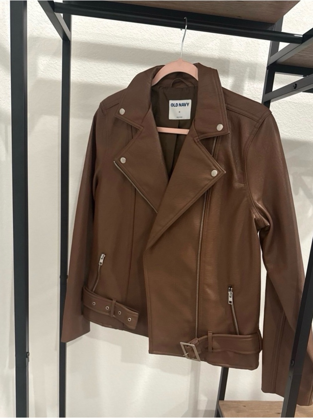 Old Navy Brown Faux Leather Moto Jacket with Belt